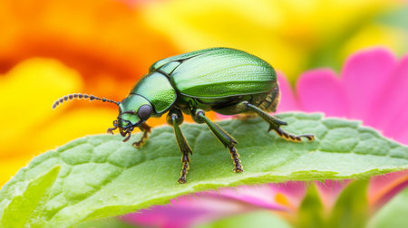 A close-up of a vibrant green beetle perched on a leaf, surrounded by colorful flowers. This image captures the beauty of nature and wildlife.の素材