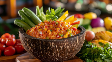 A vibrant bowl of fresh vegetable salsa surrounded by colorful ingredients, showcasing a healthy and appetizing dish perfect for gatherings.の素材