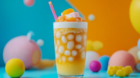 A vibrant and colorful drink topped with fruits and ice cubes, perfect for summer celebrations. Ideal for showcasing refreshment and joy.の素材