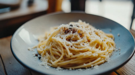 A beautifully arranged plate of spaghetti carbonara showcases the delightful blend of creamy sauce, cheese, and pepper, perfect for any meal.の素材