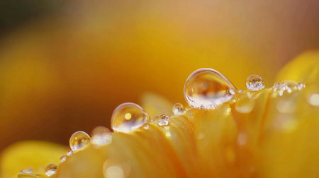 Close up of dew droplets clinging to sunflower petals, showcasing nature's beauty. The image captures the light reflecting in the droplets and vibrant colors of the flower.の素材