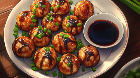 A beautifully arranged plate of takoyaki featuring vibrant green onions and sauce, perfect for showcasing Japanese cuisine and culinary artistry. Enjoy this savory treat!の素材