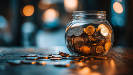 A close-up image of a glass jar filled with various coins resting on a wooden surface. The warm lighting highlights the details, making it a perfect representation of savings and finances.の素材