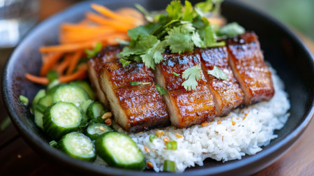 A beautifully plated dish featuring crispy pork belly served over rice, garnished with fresh cucumber, carrots, and cilantro, creating an enticing meal.の素材