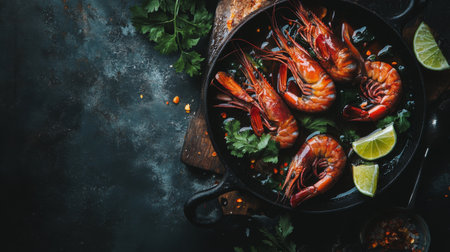 A vibrant presentation of tom yum soup featuring fresh shrimp and herbs. Perfect for food photography, this dish highlights Thai cuisine's rich flavors and colors.の素材