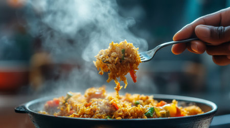 A detailed close-up of a hand holding a forkful of vibrant curried dish, featuring steaming ingredients, showcasing the art of cooking and dining.の素材