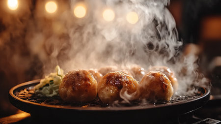 Enjoy a close-up view of delicious steaming takoyaki served on a plate, highlighting the savory flavor and culinary artistry of this popular Japanese dish.の素材