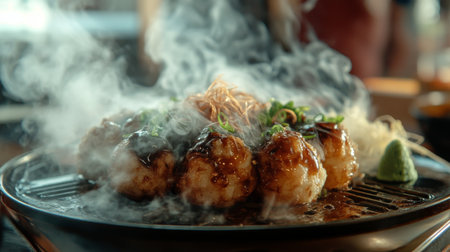 A steaming plate of takoyaki, a popular Japanese dish, garnished with green onions and served with savory sauce. Perfect for food lovers and photography.の素材