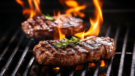 A close-up shot of marbled beef steaks sizzling on a grill, surrounded by vibrant flames. This image captures the essence of a delicious barbecue meal.の素材