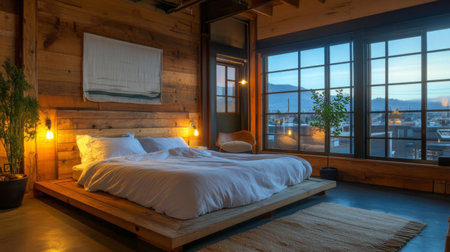 Discover a cozy minimalist loft bedroom featuring natural wood elements and ample daylight. This serene space merges comfort with modern design, creating an inviting atmosphere.の素材