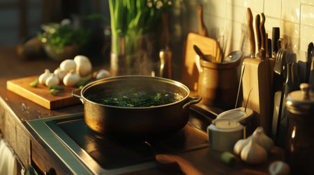 A cozy kitchen scene featuring a pot of steaming seaweed soup on a rustic countertop. The ambiance captures warmth and freshness, highlighting cooking utensils and fresh ingredients.の素材
