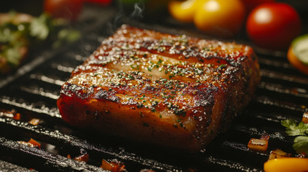 Discover a mouthwatering close-up of succulent pork belly sizzling on the grill. This appetizing image showcases the rich texture and aroma of perfectly cooked meat.の素材