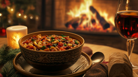 A cozy winter scene featuring a warm bowl of minestrone soup beside a crackling fireplace. Enjoy the inviting ambiance and seasonal flavors. Perfect for family moments.の素材