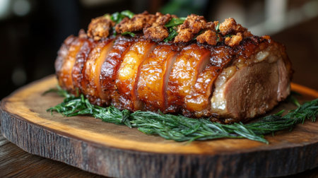 Close-up of perfectly crispy pork belly displayed on a rustic wooden platter, highlighting its golden skin and succulent meat, garnished with fresh herbs.の素材
