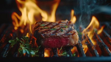 A mouthwatering steak grilling on a hot surface, showcasing charred grill marks and juicy interior. The flames add an enticing element, perfect for culinary delights.の素材