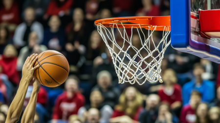 A dynamic moment capturing a basketball player soaring towards the hoop for a shot, showcasing athleticism and intensity in an exciting game atmosphere.の素材