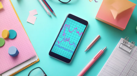 A smartphone displaying a financial chart sits on a vibrant workspace. The setup includes stationery and colorful notes, evoking a modern business environment.の素材