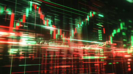 Explore a vibrant visualization of dynamic stock market trends, showcasing fluctuating data patterns and investment insights in a visually engaging format.の素材