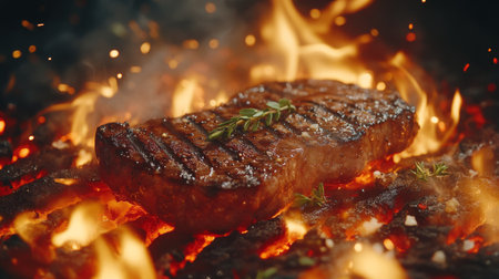 A beautifully grilled steak sits over glowing embers, showcasing its sizzling surface and rich textures, perfect for a delicious meal outdoors.の素材