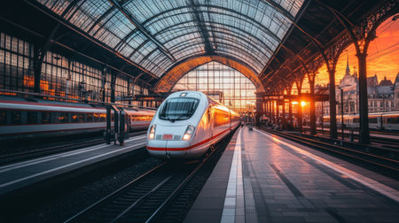 A modern high-speed train arrives at a bustling station during sunset, showcasing sleek design and vibrant colors in an urban setting.の素材