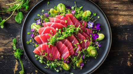 Experience the artistry of a beautifully arranged sashimi platter, featuring vibrant microgreens and delicate flowers, perfect for gourmet dining.の素材