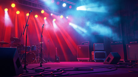 A vibrant stage setup for a live band performance, featuring dramatic lighting and musical equipment, creating an energetic atmosphere for concerts and events.の素材
