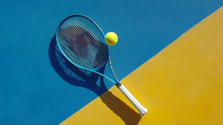 A dynamic shot of a bright tennis racket and a ball on a colorful court, highlighting the energy and excitement of the sport. Perfect for sports enthusiasts!の素材