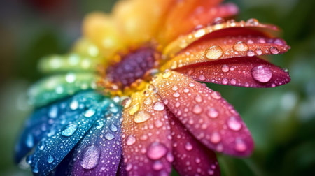 A vibrant macro shot of a colorful flower adorned with water drops. The rich hues and details create an enchanting image showcasing nature's beauty.の素材