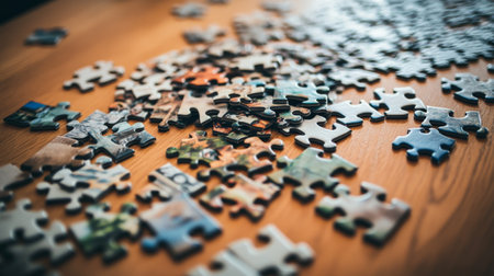A vibrant collection of jigsaw puzzle pieces scattered across a wooden table, showcasing the joy and creativity of assembling puzzles. Perfect for illustrating leisure activities.の素材