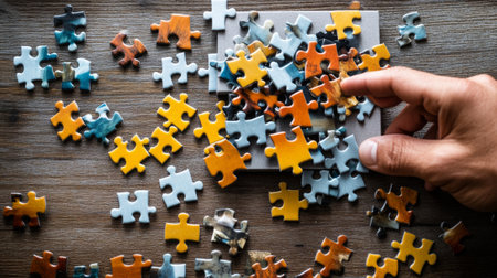 A flat jigsaw puzzle box is open beside a colorful array of puzzle pieces scattered on a wooden surface, inviting hands to start the assembly process.の素材