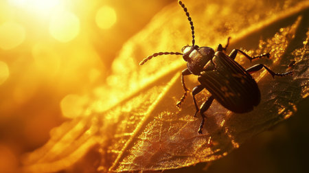 A detailed macro shot of a beetle crawling on a leaf, illuminated by warm sunlight. This vibrant image showcases nature's beauty and the intricate details of insect life.の素材