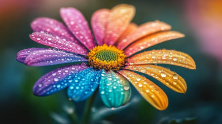 A stunning macro shot of a colorful flower adorned with dew drops, showcasing vibrant petals and a fresh, lively atmosphere. Ideal for nature lovers.の素材