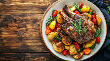 A mouthwatering slow-cooked lamb shank served on a rustic plate with vibrant vegetables and fresh herbs, perfect for hearty meals and gatherings.の素材