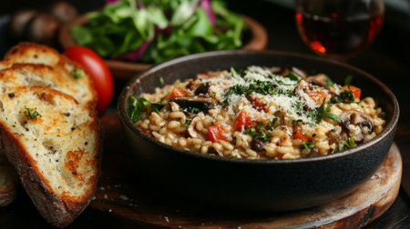A hearty mushroom risotto served in a rustic bowl, garnished with fresh herbs and accompanied by a side salad and toasted bread, perfect for a comforting meal.の素材