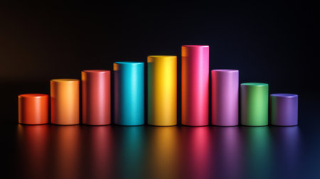 This modern 3D bar graph showcases vibrant colors against a dark background, perfect for visualizing data trends and statistics in a creative way.の素材