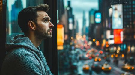 A man stands by a window with a worried expression, gazing thoughtfully out at a bustling city scene. The urban backdrop features blurred traffic lights and a moody sky, creating a reflective atmosphere.の素材