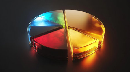 This glossy 3D pie chart features bold metallic colors and vibrant segments, perfect for illustrating data visuals in modern presentations or reports.の素材