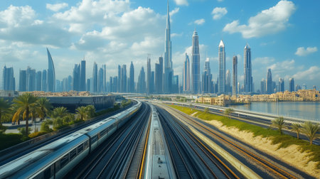 A stunning panoramic view captures a high-speed train zooming past a modern urban skyline, showcasing the vibrant architecture and dynamic transport landscape.の素材