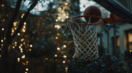 A focused shot of a basketball poised at the net in an outdoor setting. The soft background lights create a dynamic and vibrant atmosphere, capturing the thrill of the game.の素材