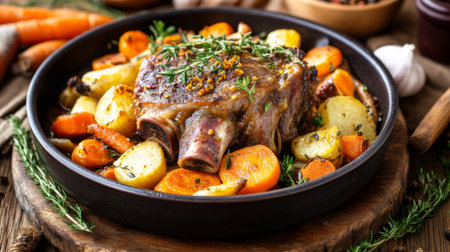 Enjoy a slow cooked lamb shank, beautifully presented with vibrant carrots and potatoes, perfect for a comforting family meal or a special occasion.の素材