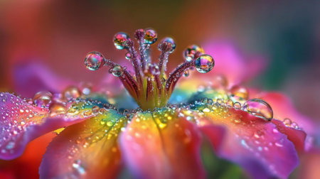 A captivating macro shot of a colorful flower adorned with dew drops, showcasing vibrant hues and delicate details. Perfect for nature enthusiasts.の素材