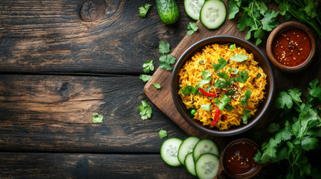 A rustic wooden table showcases a bowl of curried dish surrounded by fresh ingredients like cucumber and cilantro, perfect for a vibrant meal setting.の素材