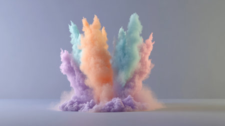 A spectacular display of colorful smoke in vibrant pastel hues, creating an abstract and artistic explosion, perfect for backgrounds and creative designs.の素材