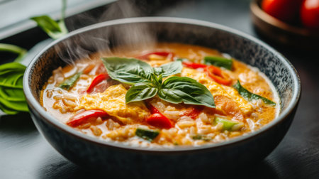 A steaming bowl featuring a delicious rice omelet with a golden brown hue. Fresh vegetables and basil add vibrant color and an enticing aroma. Perfect for any meal.の素材