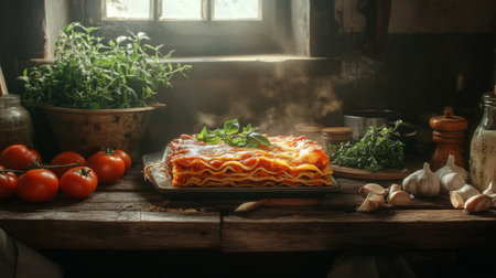 A cozy rustic kitchen scene featuring a freshly baked lasagna, surrounded by vibrant ingredients including tomatoes, garlic, and fresh herbs, creating a warm ambiance.の素材