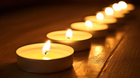 A serene arrangement of softly glowing candles on a wooden table creates a warm and peaceful ambiance, perfect for relaxation or meditation. Ideal for home decor.の素材