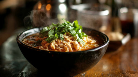 A steaming bowl of hot rice soup garnished with fresh herbs, capturing the essence of traditional comfort food. Ideal for showcasing culinary delights.の素材