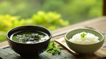 A serene dining scene featuring a bowl of seaweed soup alongside steamed rice, capturing the freshness and tranquility of a simple yet elegant meal.の素材