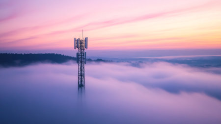 A tall cell tower rises above a foggy landscape during sunset, surrounded by clouds. This serene scene captures the blend of technology and nature.の素材