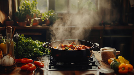 A warm rustic kitchen scene featuring a pot of crispy pork, surrounded by fresh ingredients and herbs. Steam rises as a delicious meal cooks, evoking a cozy and inviting atmosphere.の素材